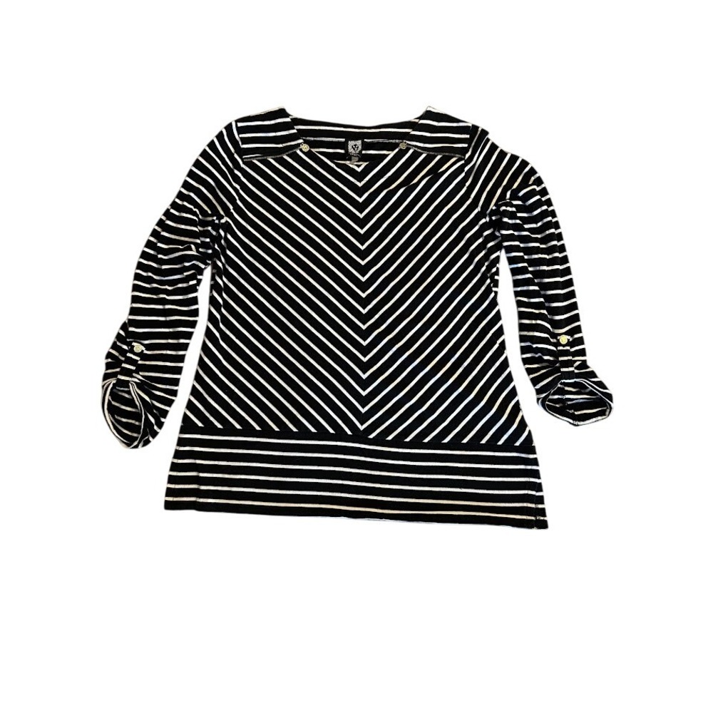 Anne Klein Sport Black & White Medium M Striped Long Sleeve Top